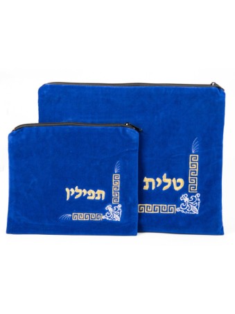 רויאל בלו קטיפה טלית תיקי תפילין זהב... | תיקי טלית ותפילין